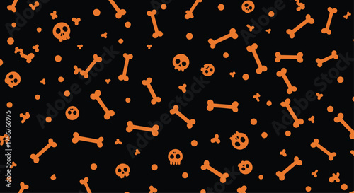 A spooky black background with orange bone and skull patterns.