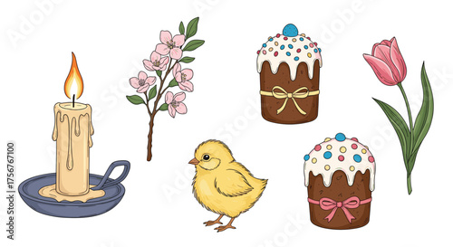 Easter symbols including a candle a chick and flowers.