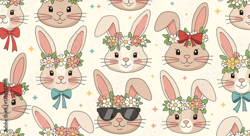 Adorable bunny faces adorned with floral wreaths and charming bows.