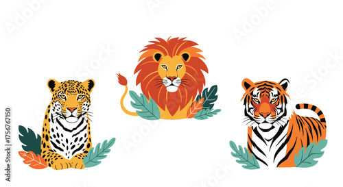 A vibrant illustration of three majestic jungle cats.