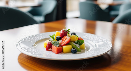 A small, elegant serving of fresh fruit salad (strawberry, kiwi, pineapple, watermelon) on a white ornamental plate in a fine dining setting. Ideal for healthy eating, fine dining, or menu photography