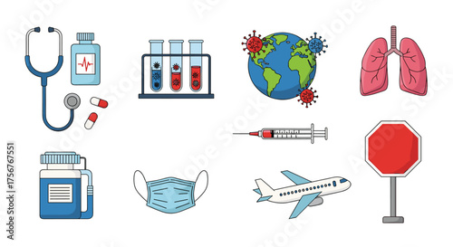 Medical equipment and coronavirus pandemic related icons