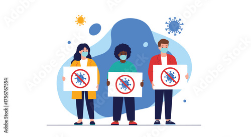 People protesting against the virus wearing masks and holding signs.