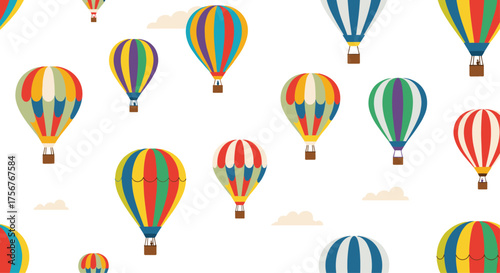 A vibrant pattern of colorful hot air balloons floating gently.