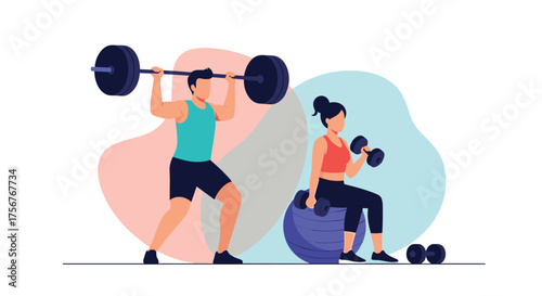 Couple exercising with weights and fitness ball in a gym.
