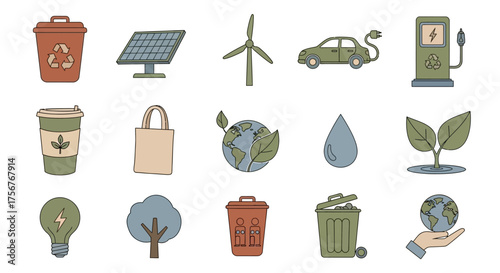 Vector set of eco and sustainability icons including recycle bin solar panel wind turbine electric car charging station reusable cup tote bag plant sprout globe with leaves water drop tree energy bulb