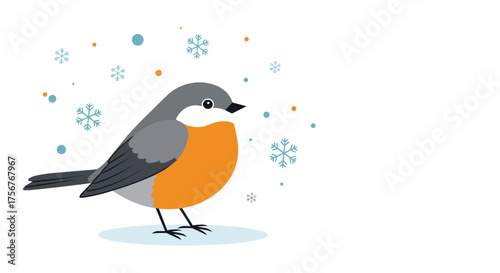 A small bird with an orange chest stands in the snow.