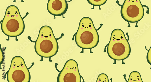 Cute smiling avocados dancing happily on a yellow background.