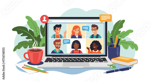 Online video conference call with diverse colleagues working remotely together.