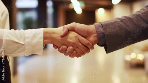Close Up Handshake Between a Woman in White Blouse and a Man in Gray Suit in Warm Toned Blurred Office Setting