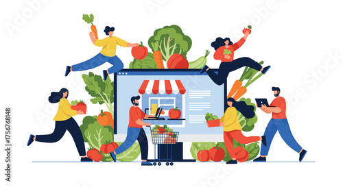 Online organic grocery shopping people and fresh produce illustration.