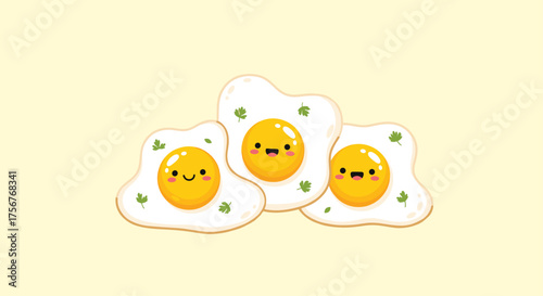 Three adorable fried eggs with happy faces decorated with parsley.