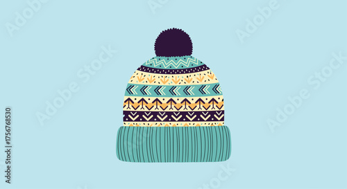 A cozy knitted hat with a pompom sits against a light blue background.