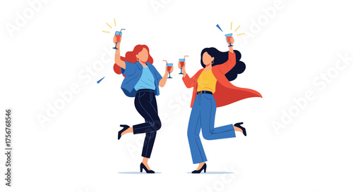 Two stylish women celebrating with drinks and confetti.