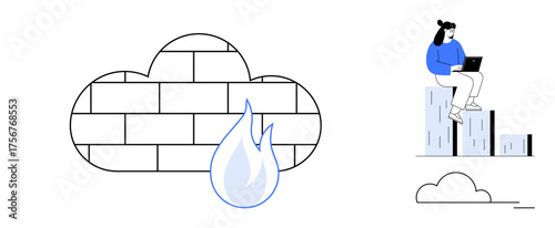 Cloud firewall symbolized by a brick wall in a cloud with a flame, analytics shown as bar charts, person working remotely on a laptop. Ideal for cybersecurity, remote work, data, analytics, digital