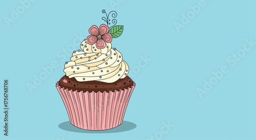 A delightful cupcake with creamy frosting and a floral decoration.