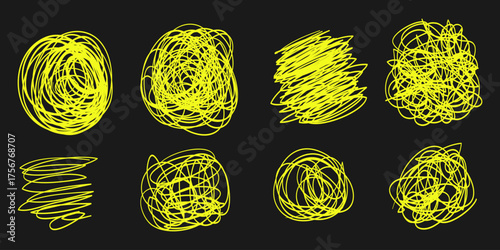 Set of hand drawn scribble sketch circle object. Tangled grungy round scribble. isolated on black background