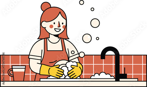 Cheerful Housewife Washing Dishes with Soap Bubbles Flat Vector Illustration | Daily Household Chores