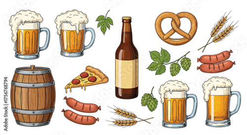 A collection of refreshing beer mugs pizza and sausages.