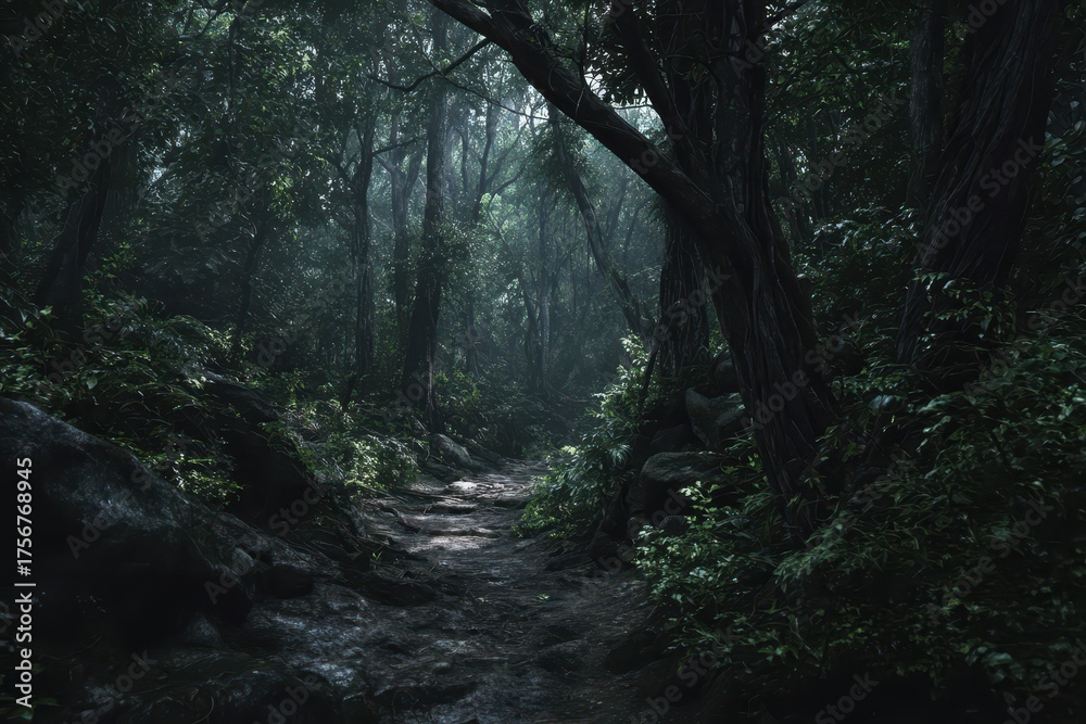Fototapeta premium Dark forest path illuminated by soft light, showcasing lush vegetation and rugged terrain in a mysterious jungle setting at dusk