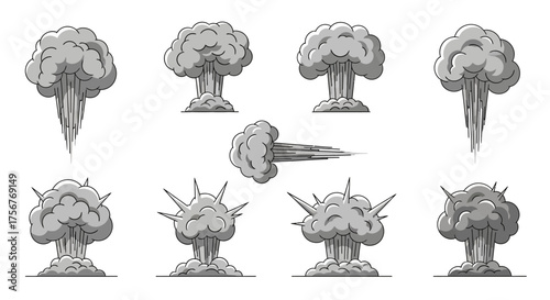 8 gray comic book style explosion cloud illustrations on a white background