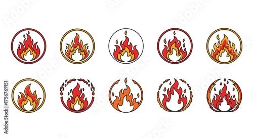 10 flame emblems fiery designs in circles with red orange yellow colors