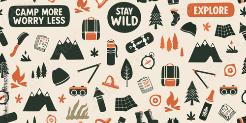 Seamless pattern of camping and adventure icons with inspirational phrases like camp more worry less and stay wild