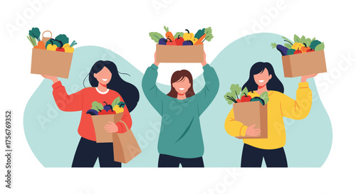 Community members happily sharing bags and boxes of fresh produce.