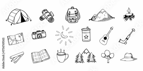 Collection of hand drawn camping and outdoor adventure icons in black and white