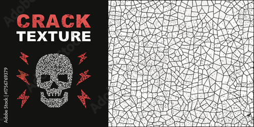 Distressed skull and crack texture design with lightning bolts on black background