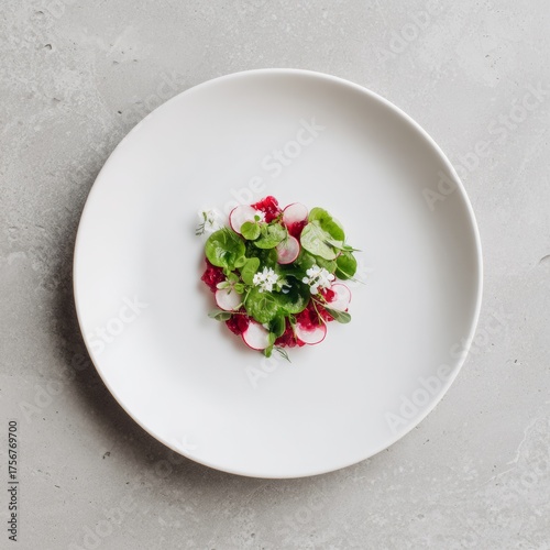 Fresh Herb Salad with Radishes and Edible Flowers on Plate