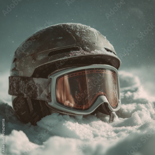 Snowy Landscape with Ski Helmet and Goggles in Cold Weather Scene