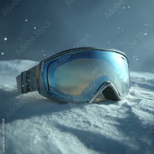 Ski Goggles on Snowy Surface with Dramatic Winter Background