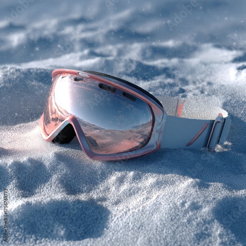 Ski Goggles on Snowy Surface with Reflective Lenses and Warm Light