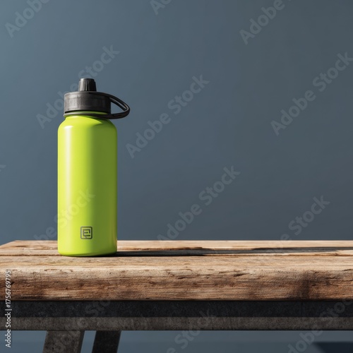 Bright Green Water Bottle on Wooden Table Against Gray Background