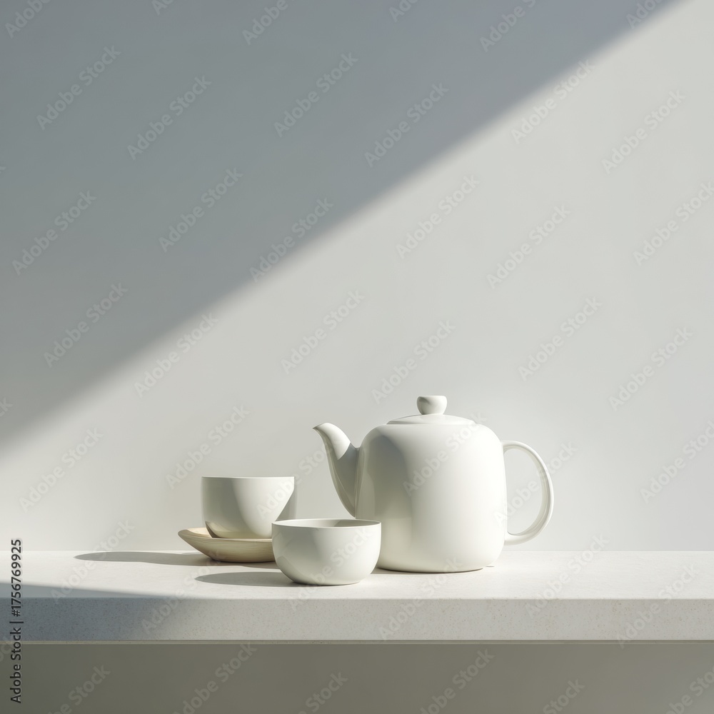 Fototapeta premium Minimalist White Teapot and Cups on Clean Surface with Soft Shadow