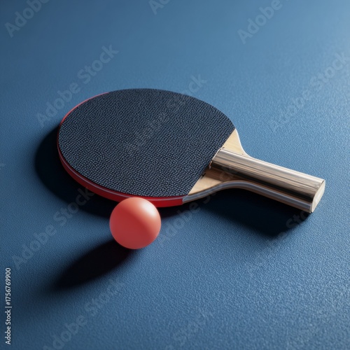 Table Tennis Racket and Ball on Smooth Blue Surface Background