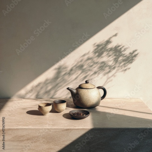 Elegant Teapot and Cups with Shadows in Minimalist Setting