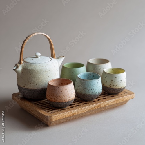 Elegant Teapot with Colorful Cups on Bamboo Tray for Tea Ceremony