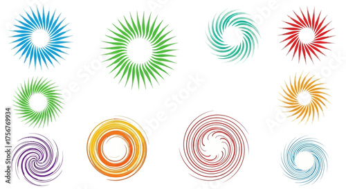 An arrangement of twelve colorful circular patterns presented in a fourbythree grid on a white background