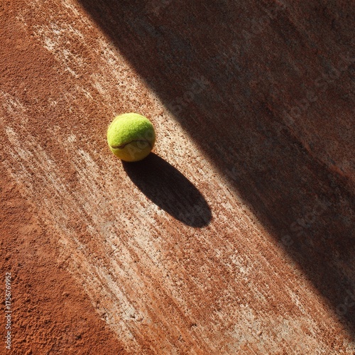 Bright Green Tennis Ball on Red Clay Court Surface with Shadow