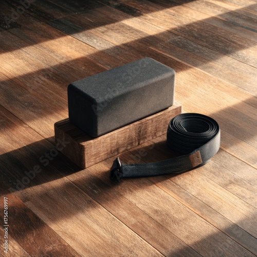Yoga Equipment on Wooden Floor with Natural Light and Shadows
