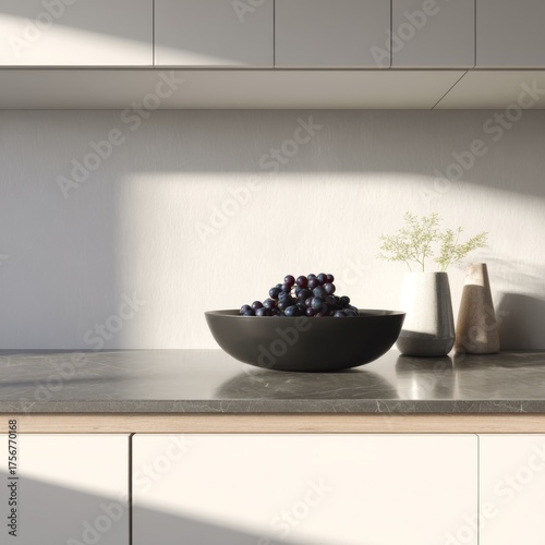 Fresh Grapes in Black Bowl on Modern Kitchen Counter