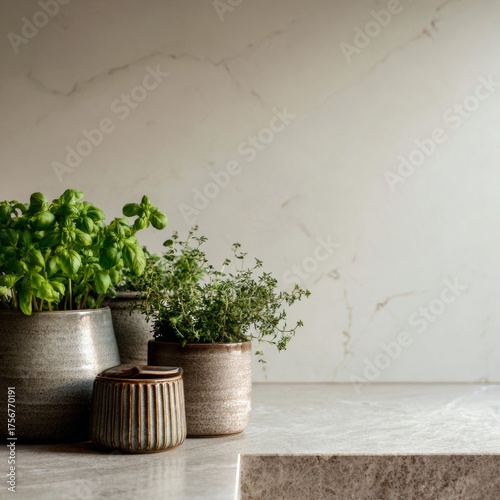 Fresh Herbs in Terra Cotta Pots on Serene Marble Countertop