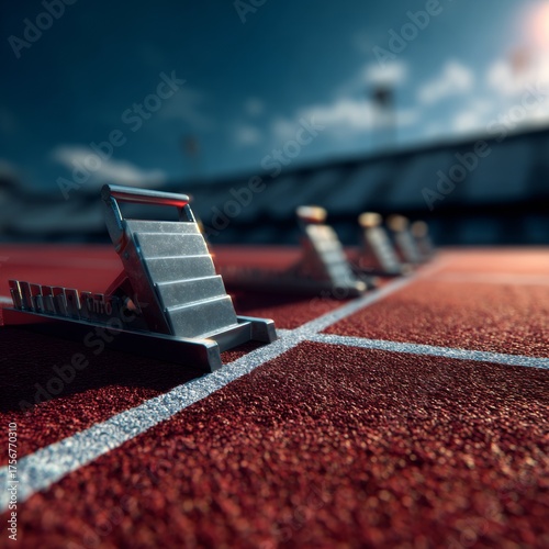 Racing Starting Blocks on Athletic Track with Dramatic Sunset Lighting