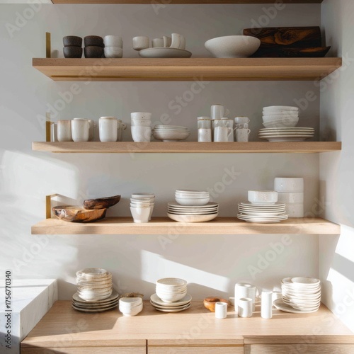 Minimalist Kitchen Shelves with Modern Dishware and Wooden Accents