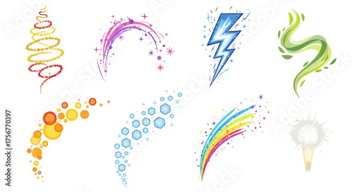 Assorted abstract elements Spiral circles lightning rainbow and puffs
