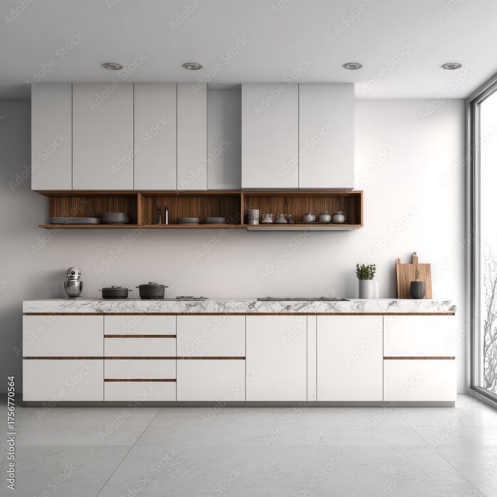 Fototapeta premium Modern Minimalist Kitchen Design with Marble and Wood Accents
