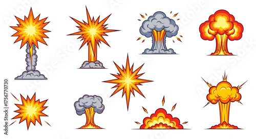 Cartoon explosions display orange and yellow fireballsmushroom clouds with gray smoke on white