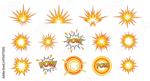 Collection of cartoon explosion graphics in shades of orange yellow and black against a white background